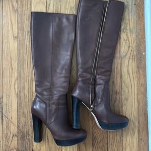 Brown leather Michael Kors knee high boots with 5 inch heel and platform